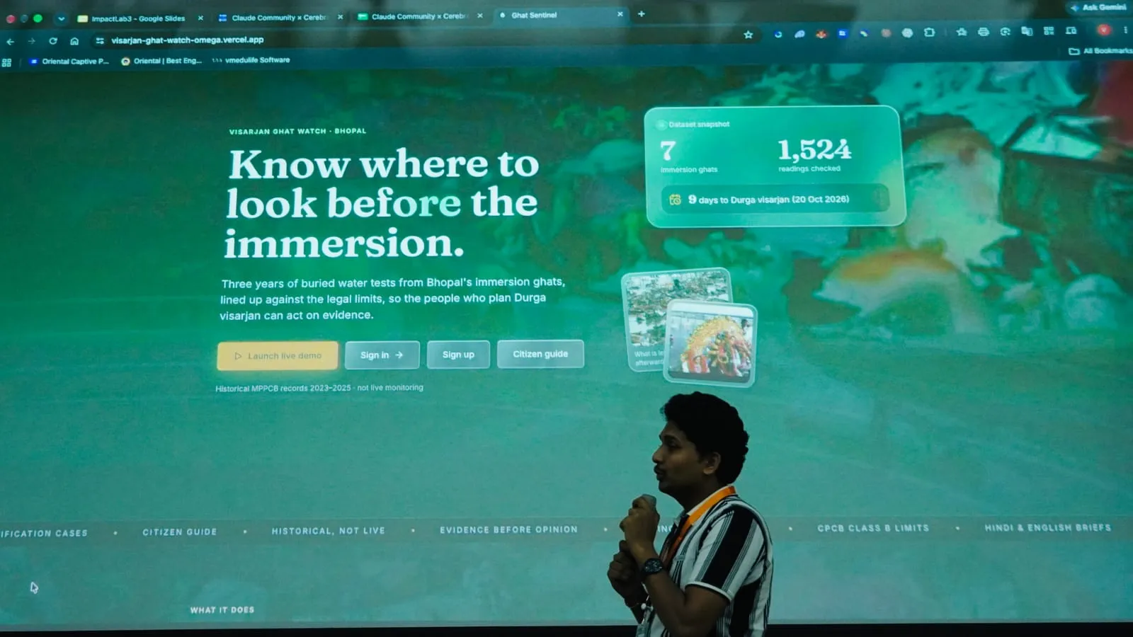 A builder presenting Visarjan Ghat Watch, a site about water tests at Bhopal’s immersion ghats, on the auditorium screen